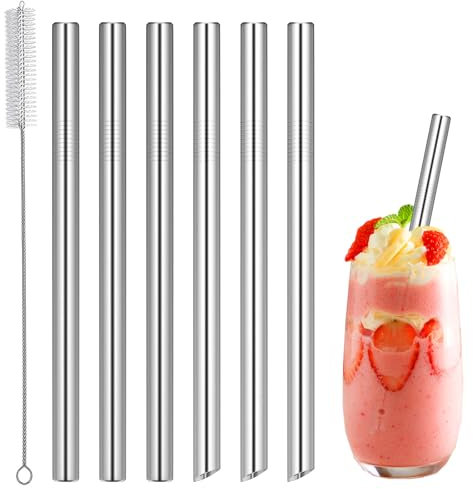 6pcs Boba Straws Metal Straws Reusable Bubble Tea Straw 21cm Stainless Steel 12mm Extra Wide Drinking Straw with 8.5inch Long Straws Cleaner for Cocktail, Milkshake and Smoothie