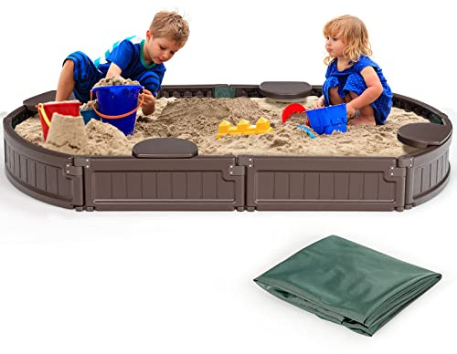 GYMAX Sabbiera Per Bambini Con 4 Sedili Staccabili, Sabbiera Con Coperchio Impermeabile E Antipolvere, 183 X 105 X 21 Cm, Per Bambini Di 3 Anni E Più, Per Piscina E Giardino, Marrone