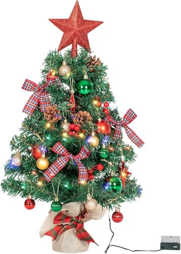 NALONE Mini albero di Natale con illuminazione da tavolo a LED e timer, 24 pollici, floccato di neve, piccolo albero di Natale con 27 pezzi, 90 punte di ramo, albero di Natale da tavolo (rosso)