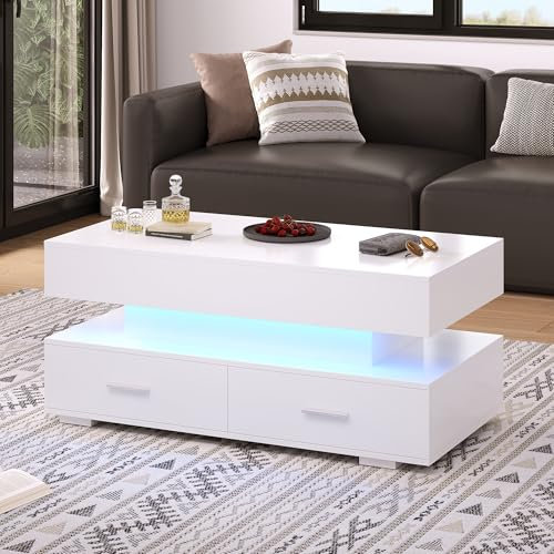 SUKY Hydraulisch höhenverstellbarer Couchtisch 100 * 50 * 44cm, 2 Schubladen und offenem Stauraum, mit LED-Beleuchtung, Bluetooth-APP-Steuerung, hebbarer Couchtisch (Weiß)