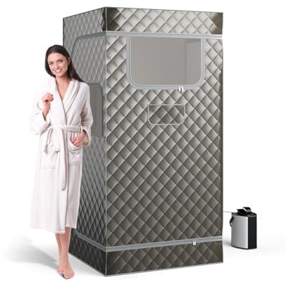 GOPLUS Sauna de Tamaño Completo, Kit de Relajación Personal con Silla Plegable, Generador de Vapor de 3L, Caja de Sauna para 1 Persona, Sauna de Vapor Portátil, 91 x 91 x 183 cm (Plata Gris)