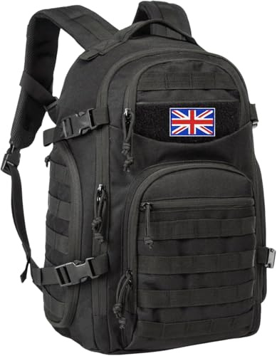 TRAILKICKER Taktischer Laptop-Rucksack, Militär, Molle-Armee, Assault Pack, 3 Tage Bug-Out-Tasche, Wandern, Treeking, Camouflage, Jagd-Rucksack für Herren, mit Flagge des Vereinigten Königreichs, 35 l