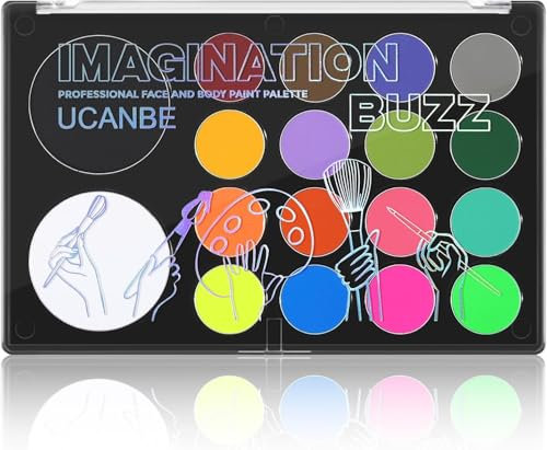 UCANBE Peinture Corporelle 18 Couleurs avec Grand Blanc, Noir, UV Face Paint - Peinture Visage pour Halloween, Scène, Clown, Cosplay, Body Paint activée par l'eau Longue Durée Sécurité