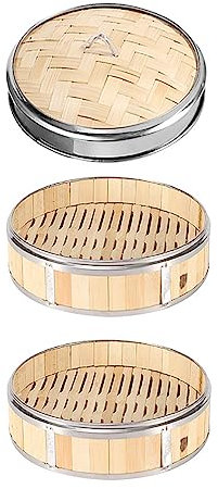 Guoyoocc Bambus-Dampfkorb,2-stöckig,mit Deckel,Bambusdämpfer und Dampfgarer Bambus,Dampfgarer Mit Edelstahl Stahl Streifenbildung – für Reis,Dim Sum,Gemüse,Fleisch und Fisch (8 Größen)