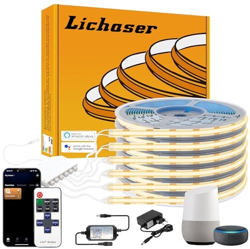 Lichaser 3M Tira LED COB para Paneles Acústicos, 6 Rollos Luces LED WiFi Blanco Cálido Paralela y Compatible con Alexa, COB Tiras LED 12V para Iluminación de Panel Acustico, Vitrinas, Cocina