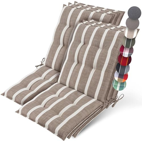 Beautissu 6er Set Premium Niedriglehner Auflage Gartenstuhl 100x50cm Sun-NL – 8cm Dick Polster Gartenstuhlauflage rutschfest Befestigungsbänder UV-Lichtechtheit 5 – Robust Stoff Beige-Weiß Gestreift