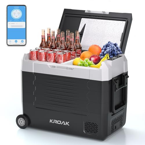 KROAK 55L Tragbarer Kompressor Kühlbox mit Bluetooth-App, Elektrisch Autokühlbox Dual-Zone (-20°C bis +20°C) +Schneidebrett, 12V/24V/230V, Rollen & Trennwand – für Camping, Auto, LKW, Wohnmobil