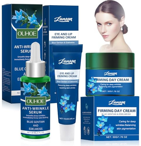 Blauer Enzian Set 3 Stück, Bio Festigende Tagespflege, Bio Anti Falten Serum und Anti Falten Augenpflege & Lippenpflege, mit Edelweiß, Anti Aging Creme Frauen, für Alle Hauttypen