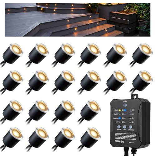 Arotelicht 20 Faretti LED da Incasso a Terra Dimmerabili da Esterno 0,6 W Bianco Caldo con Timer e Sensore Fotocellula 12V Trasformatore Ø32 mm Luci da incasso terrazza IP67 Impermeabile Giardino