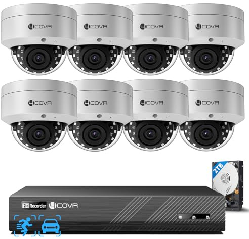 4COVR 4K Überwachungskamera Aussen Set, 8CH NVR mit 2TB HDD, DLY54AX8M0808 | 8×8MP IK10 Vandalensichere Dome PoE IP Kameras IP67 mit Audio, Personen-/Fahrzeugerkennung & Nachtsicht, 24/7 Aufzeichnung