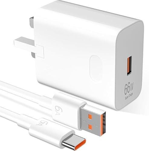 66W USB Plug SuperCharge Power Adapter for Honor 90 Magic V3,Wall Charger USB Fast Charger Plug w/6A Supercharge Charging Cable 1m,UK Wall Charger for Honor X6b X7b Magic6 Lite 200 Lite Pad X9 X8a 9 8