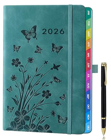 2026 A5 Wochenplaner & Kalender – Wochenübersicht, Jan–Dez mit farbigen Monatsreitern, Stift, Tasche, Lesezeichen – Blaugrün – Perfekt für Büro, Schule oder Zuhause