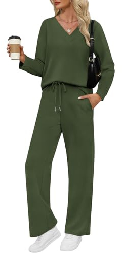 VUTRU Damen Zweiteiler Trainingsanzug Elegant Baumwolle Rundhals Jogginganzug Langarm Tshirts und weite Hose mit Taschen Sport Anzug für Damen