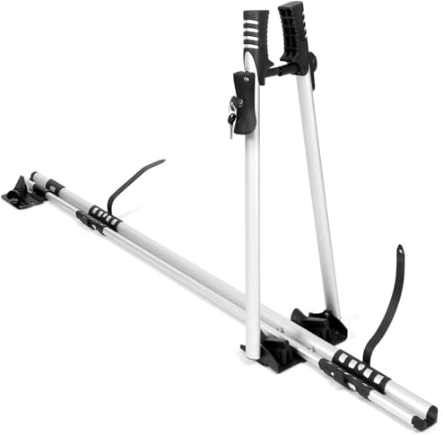 Axenture Roof Bike Rack for Car Roof Bars, Bike Carrier for 1 Bike, Grey | Lockable Aluminium Bicycle Holder, Fits 26-29 Inch Wheels & Tyres up to 4 Inch, 46-89cm Bar Spread, Key & Straps Included
