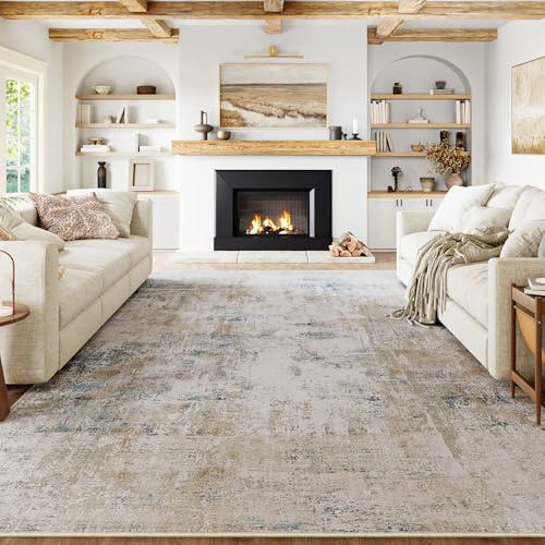 HUGEAR Beige Blau Teppich Wohnzimmer 200x300cm Waschbarer | Waschbarer Modern Abstrakter Teppich,Rutschfest, Kurzflorig, Weich, für Wohnzimmer, Schlafzimmer, Esszimmer,Büro