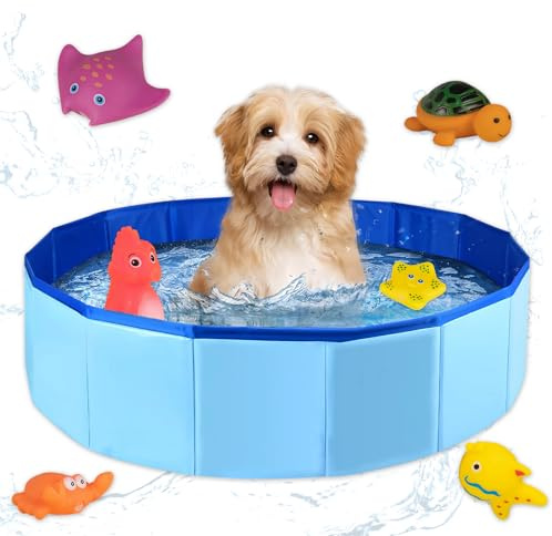LWLWA Piscina Perros Plegable, 50x10cm Piscina Plegable para Gatos y Perros Pequeños, Tela Oxford Azul con Juguetes Acuáticos - Bañera para Perros de Juego