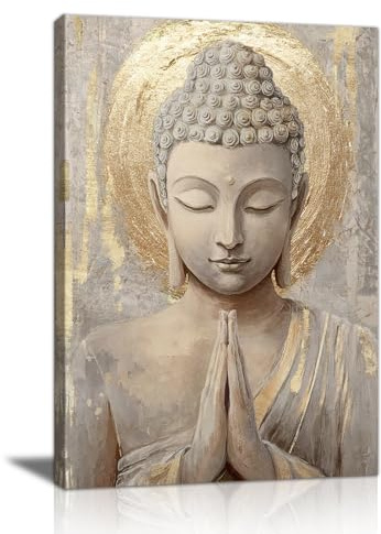 Gold Buddha Statue Leinwand Bilder Mit Rahmen Buddhistische Spirituelle Meditations Wandbilder Beige Religiöse Buddha Bild Auf Leinwand Poster Wanddekoration für Yoga Spa Schlafzimmer Raum 30X40cm