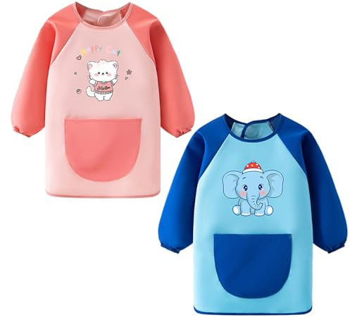 Astralong 2 Stück Malkittel Kinder für 4-6 Jahre, Wasserdicht Malschürze Blau und Rosa, Schürze Kinder mit Langarm und 1 Taschen, Bastelschürze für Schule Kunst Malerei Kochen