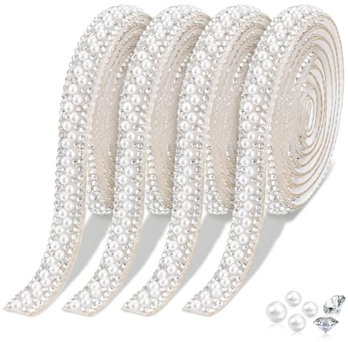 DOPENPSI 4 Rollen 1cm Strassband Selbstklebend, 4 Yards Perlen Strassband | Glitzernde Perlenband für Heimwerker, Basteln, Hochzeit, Geburtstag, Party, Dekoration
