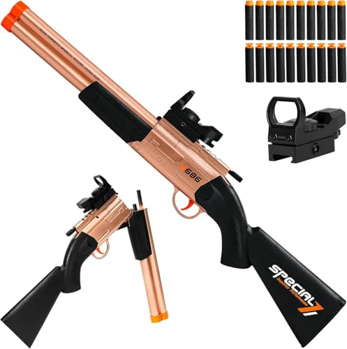 Double Barrel Toy Foam Blaster with Geen Dot Scop Foam Squirt Foam Dart Blaster Soft Bullets Toy Blaster Realistic Pump-Action Airsoft Blasters for Ages 14+