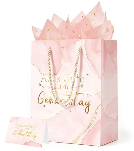 Geschenktüte Geburtstag Rosa,Alles Gute zum Geburtstag Papier Geschenktüten | Geschenktüte + Grußkarten + Seidenpapier, Wiederverwendbare Papier Geschenktüte(20*10*25cm), Frauen Mädchen Geburtstagsfeier