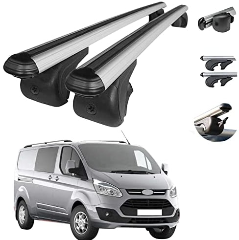 OMAC Dachträger Grundtäger kompatibel mit Ford Transit Custom 2013-2022 Aluminium 75kg Silber 2tlg Offene Reling für Fahrradträger, Dachboxen, Skiträger Abschließbar