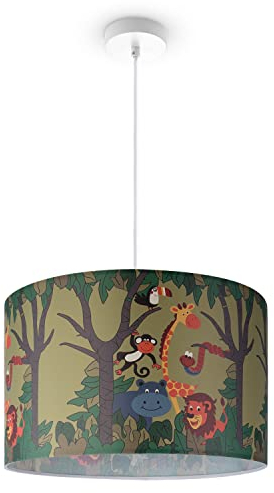 Paco Home Hängelampe Mädchen Junge Pendellampe Kinderzimmer Lampe Deckenlampe Stoff E27 Lampenschirm Dschungel Tiere 1,5m Textilkabel Kürzbar Jungle