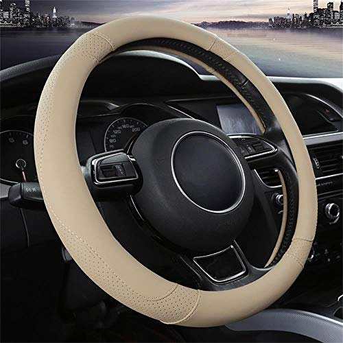 Universal Auto Lenkradhülle Lenkrad Abdeckung Heavy Duty Lenkradbezug aus echtes Leder 37-38CM / 15'' Anti Rutsch Lenkradabdeckung Lenkradschoner (Beige)