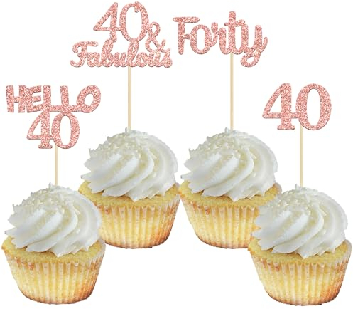 Gyufise 24Pcs Rose Gold Glitter 40th Birthday Cupcake Toppers Hello 40 Forty Cake Decorations 40 & Fabulous Cupcake Picks for 40th Birthday Cake Decorations Supplies