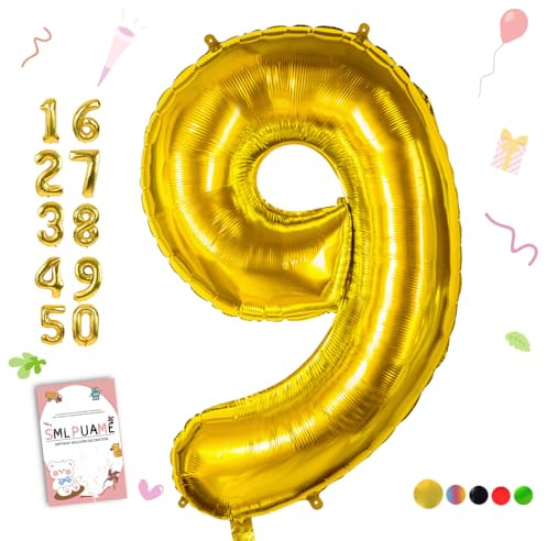 Smlpuame 102cm Golden Luftballon 9, Riesen Folienballon Zahl 9 Party-Deko | Nachfüllbare Große 9 Helium-Ballon 9th Geburtstagsdeko Kinder Mädchen Junge Ballon Zahl Deko zum Jubiläum Neujahr Hochzeit