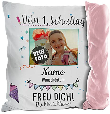 PR Print Royal Kissen zur Einschulung selbst gestalten - Dein 1. Schultag - mit Name, Datum und Foto Personalisieren - Geschenke zur Einschulung | Rückseite Rosa, 40x40cm