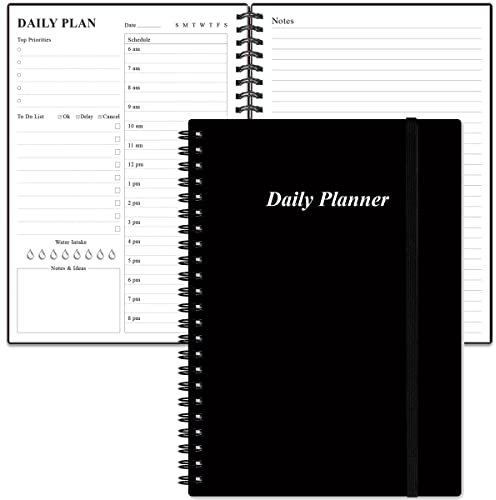 Tagesplaner undatiert - A5 To-Do-Liste Notizbuch Stundenpläne, Spiral-Terminplaner für Damen und Herren, PVC-Hardcover, Innentasche, elastischer Verschluss, 14,7 x 21,1 cm, Schwarz
