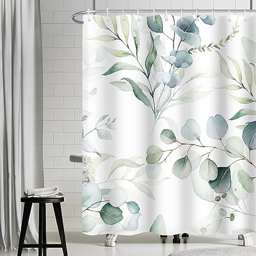 Uiiooazy Rideau Douche 150x180cm, Rideau de Douche Anti Moisissure Vert Feuilles d'eucalyptus Fleuri Blanc Rideaux de Baignoire Tissu Lavable Imperméable Rideaux Salle de Bain avec 10 Crochets