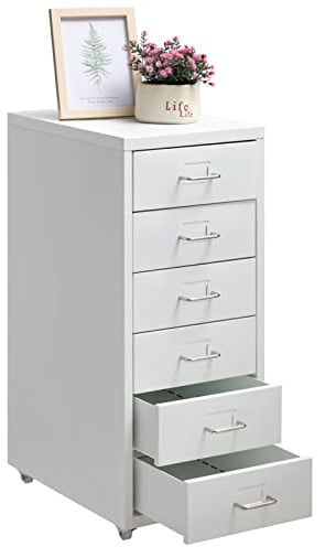 HollyHOME Caisson de Bureau Metal, 6 Tiroirs sous Bureau Organisateur de Classement Roulant, Meuble de Rangement Moderne en Métal avec roulettes pour la Maison et Le Bureau, Blanc