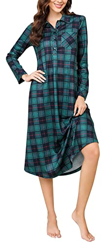 Clearlove Chemise de Nuit Femme Coton Manches Longues à Carreaux Col Rabattu Boutons Doux Tee Shirt de Nuit avec Poches Pyjamas Vert L