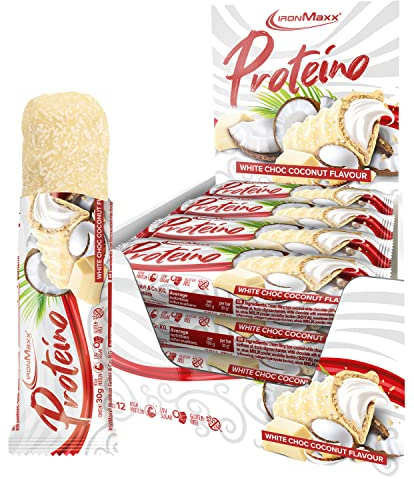 IronMaxx Proteino Proteinriegel - White Choc Coconut 12 x 30g | High-Protein-Bar auf Waffelbasis mit cremiger Füllung | zuckerreduzierter Eiweißriegel glutenfrei und palmölfrei