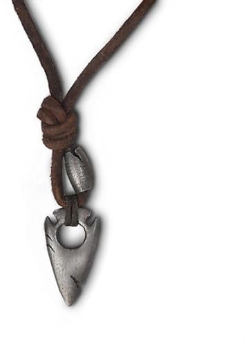 LOCAL LEAGUE Mens Leather Necklace with ARROWHEAD Metal Pendant Hunter Tribal Style Adjustable Distressed Brown Cord Thong for Men, Boyfriend, Surfer BEACH Surf Party Holiday Spear Festival