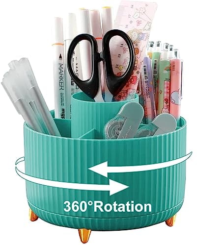 Lenfuos Schreibtisch Organizer, 360 Grad drehbarer Büro-Organizer Stifthalter, 5 Sortierfächer für Stifte, Hefter, Ordnerklammern, Haftnotizen, Platzsparendes Desk Organizer(Blau)