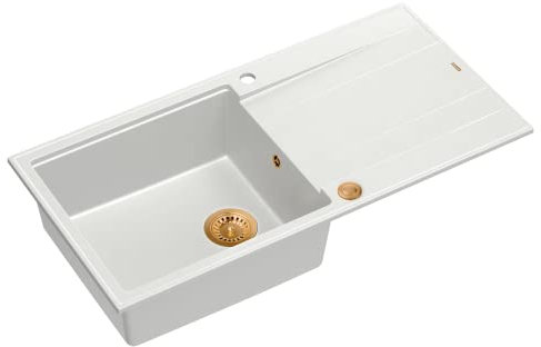 QUADRON Evier Blanc + Cuivre Pvd | Taille 100 x 50 x 21 cm | Granit Evier en granit EVAN 146 XL Evier simple de cuisine | avec siphon manuel et égouttoir | 1 bassin évier encastré