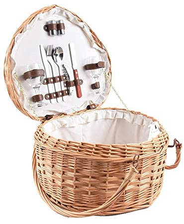 FURLOU Picknickkorb aus Weidengeflecht mit Deckel und klappbaren Griffen Herzförmige Picknickkörbe für 2 Personen, 40 x 35 x 22 cm