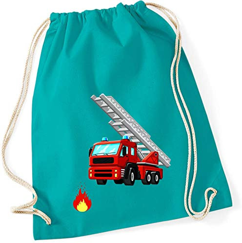 minimutz Zuzieh Turnbeutel für Kinder | Motiv Feuerwehr mit Leiter & Flamme | Schuhbeutel Sportbeutel zum Zuziehen für Jungen | Stoffbeutel mit Kordel (türkis)