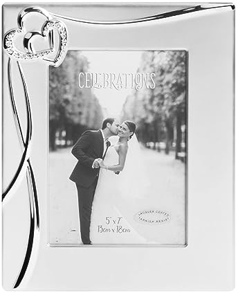 Cornice portafoto per fidanzamento, matrimonio o anniversario, 12,7 x 17,8 cm, con cuori di cristallo, argento opaco