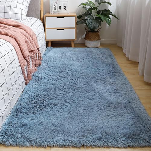 Menkala Teppich Langflor Blau Uni Flauschig Shaggy Langflor Bettvorleger Waschbarer rutschfest Wohnzimmerteppich Modern Deko für Wohnzimmer Schlafzimmer Kinderzimmer Flur Bettumrandung 160x230 cm