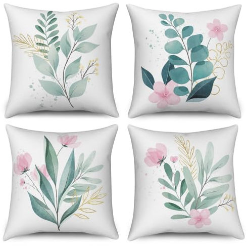 ASDCXZ Blumen Kissenbezug 60x60 cm 4er Set, Frühling Rose Blumen Grün Blätter Gold Weiß Sofa Dekokissen Kissenbezüge Kissenhülle Waschbar Polyester Textil Outdoor Kopfkissenbezug Kissen Bezug