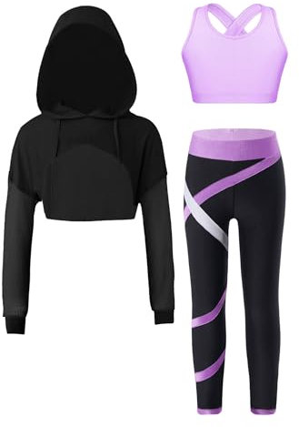 FEESHOW Kinder Trainingsanzug Mädchen Sport BH Und Leggings Set Mit Hoodie Kinder Workout Sport Outfit Jazz Dance Tanzkleidung Hip Hop Kleidung Lavendel_A 158-164