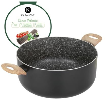 KASANOVA, Casserole Antiadhésive Black Stone de Kasanova — Antiadhésive, Légère, Compatible Induction, Design Élégant avec Poignées Effet Bois (28 cm)