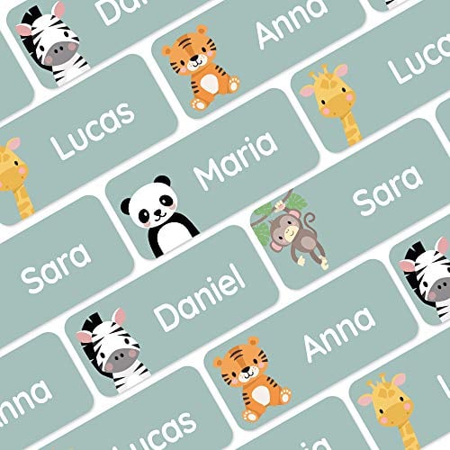 Klebekerlchen® Namensaufkleber für Kinder (60 Stück), Kleidung & Gegenstände Namensschilder personalisiert und waschmaschinenfest, Schule und Kindergarten - Dschungel-Tiere