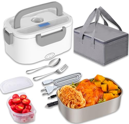 Nifogo Fiambrera Eléctrica 60W Calentador Comida Electrico 12V/24V&230V Fiambrera 1,5L Pefecto para Hogar,Camping y Oficina,con cubiertos y Gris Bolsa