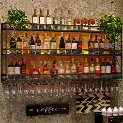 Botellero Vino de Pared Mueble Bar Garrafeira de Vino Wine Rack con Soporte Copas Colgante y Luz LED Mini Bar para Casa para Cocina Barra para Bar Comedor ( Color : BLACK-3 layers , Size : 180cm(70.87