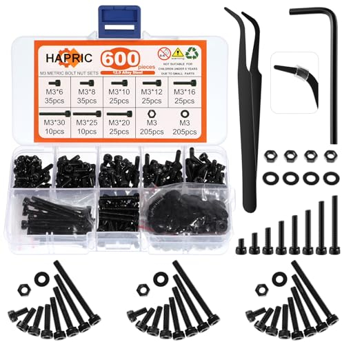 600 Stück Schrauben Set Metrisch,M3 Gewindeschrauben Set mit Pinzette Maschinenschrauben Zylinderkopfschrauben Sechskantschrauben Set für Elektronikprodukte Haushaltsgeräte Autoreparatur